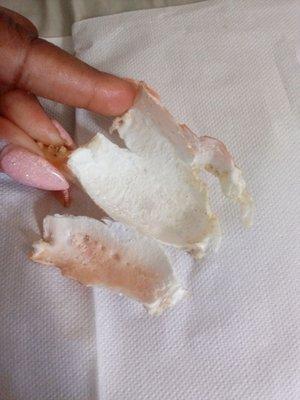 Inside of shell is like paper after being frozen for so long.  Soft and flimsy!