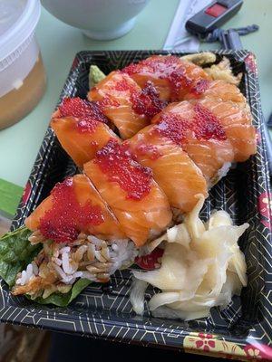 Salmon with shrimp tempura, avocado, crab, lettuce.