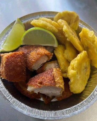 Chicharrón de Cerdo con Tostones / Fried Pork Belly with Fried Green Plantain