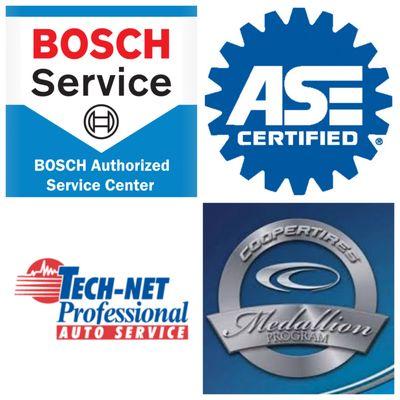 Certified Bosch Service Center, Tech-Net Professional, Cooper Medallion Dealer, and ASE Certified Technicians