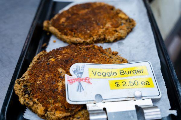 We make our own Veggie Burgers! Delicious, vegan, and griddled.