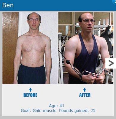 Ben at age 41 finally realized a lifelong goal of gaining 25 lbs of solid muscle and increasing strength by at least 100%