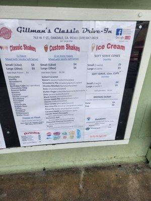 Shake & Ice Cream menu