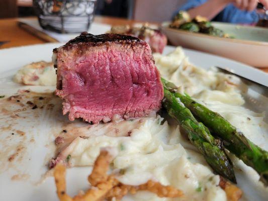 The Belle filet mignon, ordered medium rare but almost rare and perhaps not rested enough because the core was almost raw.