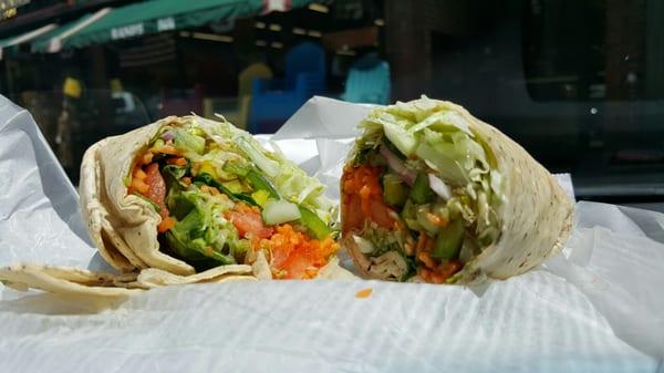 Veggie wrap with banana peppers in a herb wrap. Delicious.