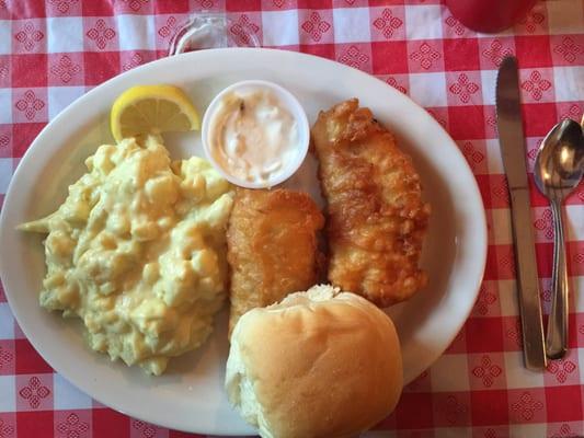 Two piece haddock dinner with potato salad and fresh, homemade dinner roll. Served with salad, coleslaw or soup. Served hot!