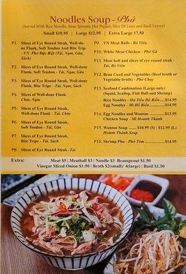 Phô and soup menu