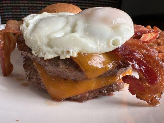 Breakfast Burger -- side view. Pretty good burger. Perfectly melted cheese.