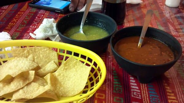 Chips and salsa. The green is flavorful and mild, the red is delicious but has a kick.