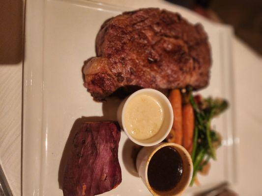 Blackened prime rib, sweet potato, veggies