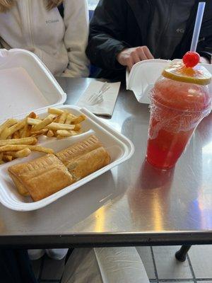 Fried cheesesteak and cherry & pineapple flavored lemonade