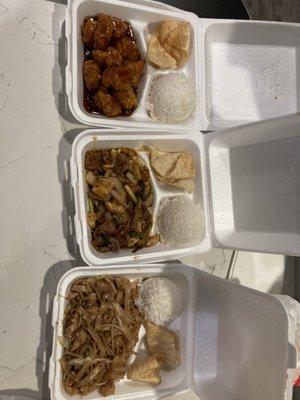 Lunch items:  orange chicken, Mongolian beef, and chicken chow mein