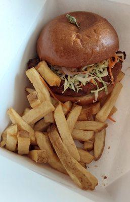 Fried Chicken Sandwich and fries in takeout box