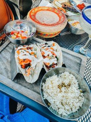 Mahi Mahi tacos with rice and coleslaw