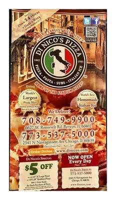 Di Nico's Pizza.(Narragansett Ave/Fullerton Ave) Pizzas Dinners Pasta Salads Sandwiches Paninis Subs Burgers Breakfast Desserts.New & Cool!