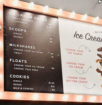 Menu: Ice Cream Sandwiches, Ice Cream Scoops, Milkshakes, Floats and Cookies