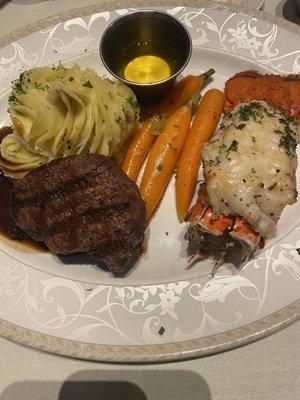 Filet, lobster, potato, carrot.