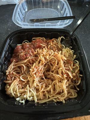 Spaghetti with Marinara, comes with about 20% of the marinara needed to eat this meal.