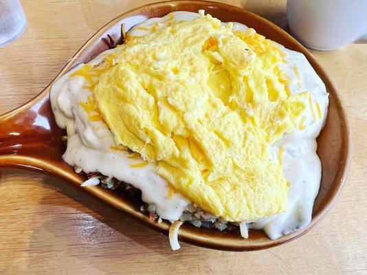 "The highway".  Hash browns, biscuits and gravy and scrambled eggs in one delicious bowl.