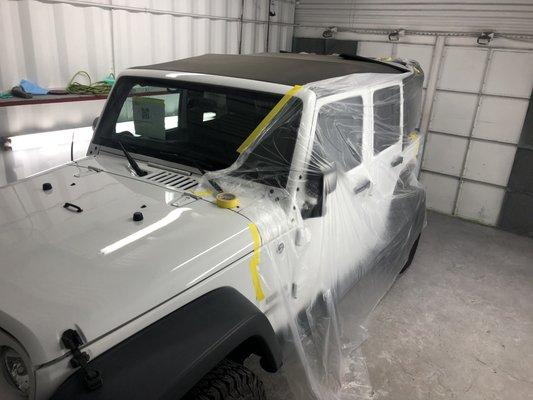 Jeep Wrangler in for paint.