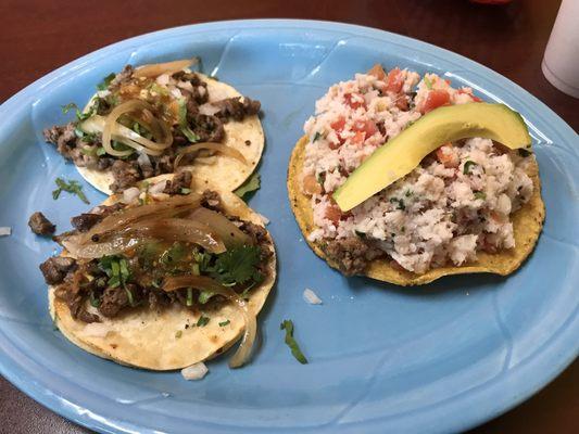 Carne asada tacos and ceviche