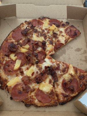 Gluten free crust with pepperoni, bacon, and pineapple. (I know... I'm a weirdo) Delicious, though!