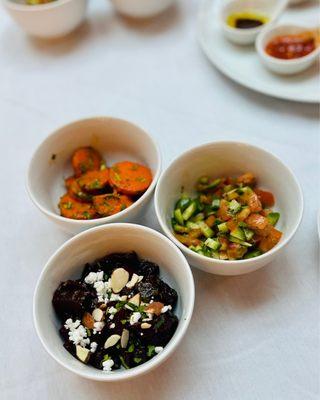 3 salads, carrot, tomato and cucumber, and beet