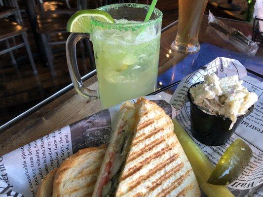 Roasted veggie panini with loaded potato salad