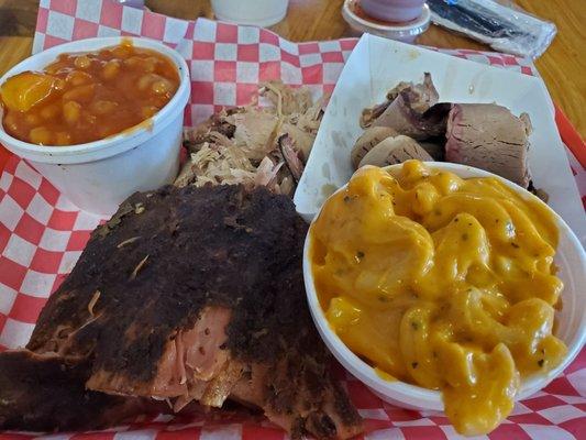 Sampler with ribs, pork, brisket, beans, and mac and cheese