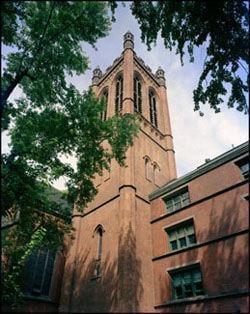 view of the church tower from inside the quad