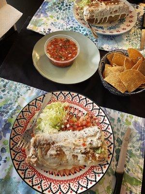 Chimichanga and order of chips and pico de gallo.