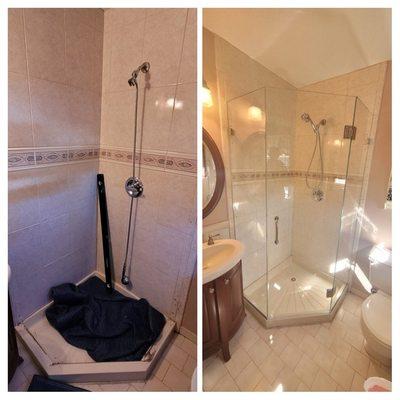 Before and After...give your bathroom the "facelift" it needs without remodeling the whole room with a custom frameless shower door!