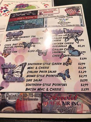 Kids menu, sides, and drinks