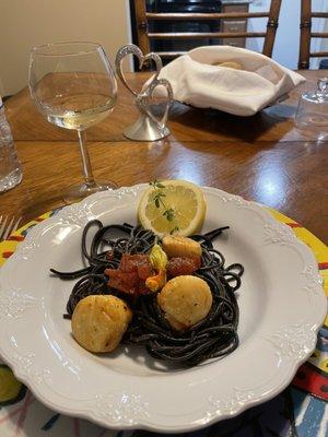 Black ink pasta with scallops