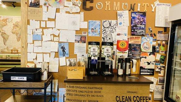 Coffee extras, community board, return your dishes here