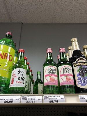 Soju (Chamisul, ChumChurum, Soon Hari) and peach flavored soju!