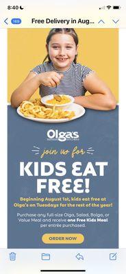 Kids eat FREE every Tuesday from now til end of the year.