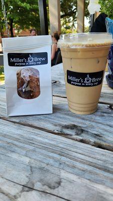 French toast donut and iced latte.