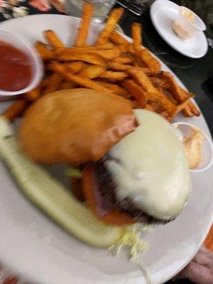 Cheese Burger with Provolone and sweet potato fries.