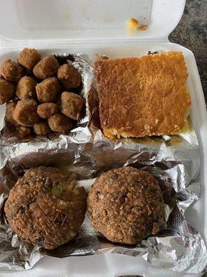 Salmon cakes, fried Okra, corn bread