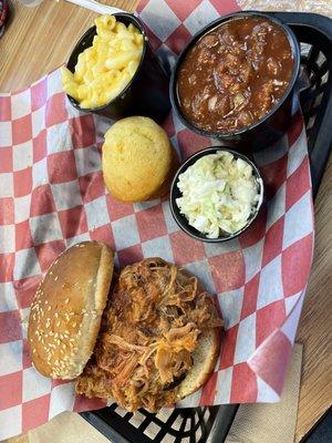 Pulled pork platter: pulled pork sandwich with slaw, baked beans and Mac & cheese!