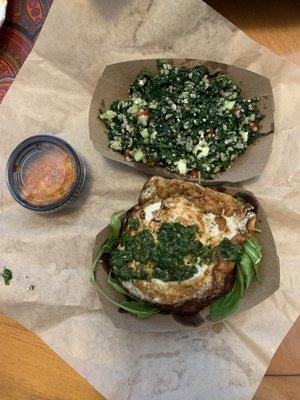 Chorizo w/fried egg (no bun) with kale & quinoa side salad