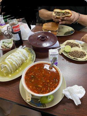 Menudo, burrito mojado, torta de asada, tacos de asada