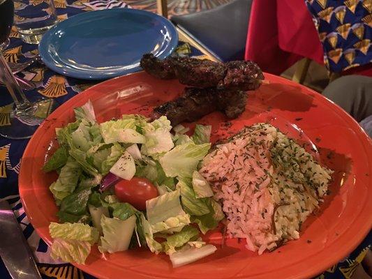 Lamb Kabob, rice and salad