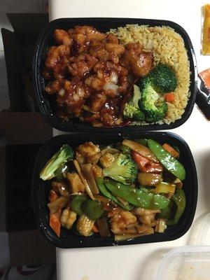 On top is the general tso's chicken, on the bottom is the Hunan Prawns.