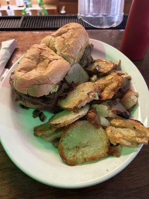 Grilled Ribeye Sandwich and German Potatoes. Delicious.