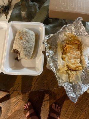 Tiny cold burrito and a greasy chicken quesadilla