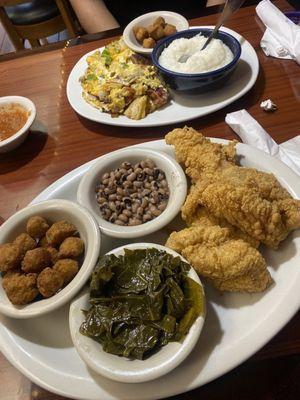 Fried Catfish with collard greens black eyed peas and fried okra