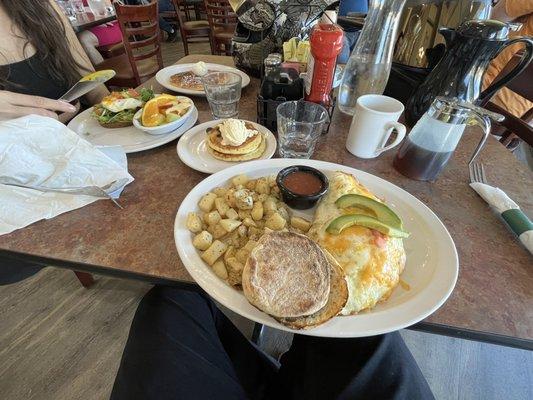 White Lightning omelette, dollar size blueberry pancakes (2), Avocado Toast, regular size chocolate chip pancake (1)