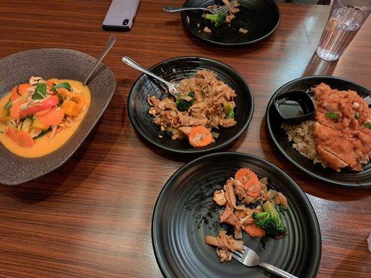 From left to right: red curry with pumpkin, pad see yew with beef, and fried rice with fried chicken. All very good!